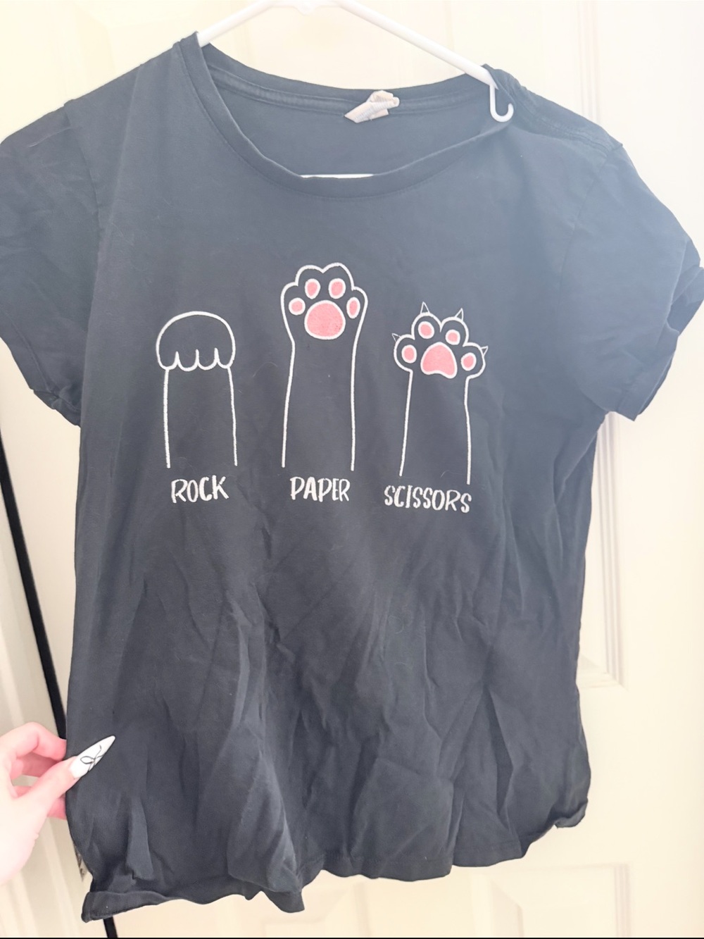 Port and Company Black Tee with Cat Paw Rock Paper Scissors Graphic
